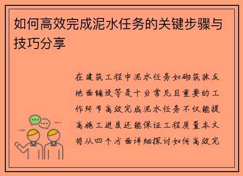 如何高效完成泥水任务的关键步骤与技巧分享