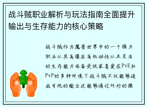 战斗贼职业解析与玩法指南全面提升输出与生存能力的核心策略